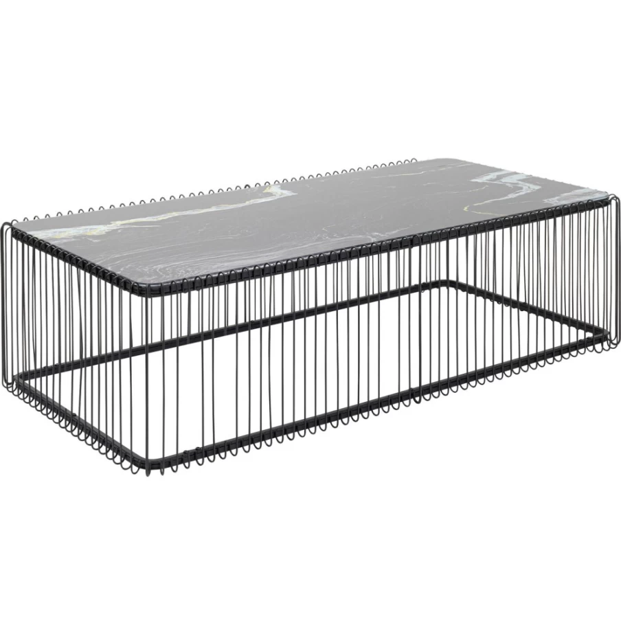 KARE Design Modern Coffee Table with Wire Base, Tempered Glass Top, and Black Marble Accent - 145cm x 70cm Contemporary Living Room Furniture