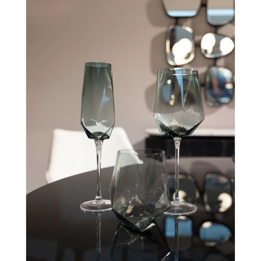 KARE Design Modern Champagne Glasses with Diamond Cut and Smoke Effect - Elegant Crystal Barware for Celebrations