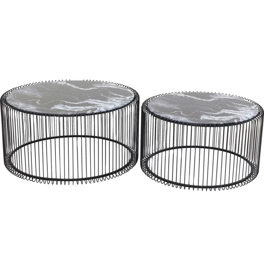 KARE Design Modern Coffee Table Set - 2-Piece Black Wire Frame with Tempered Glass and Marble Top for Living Room