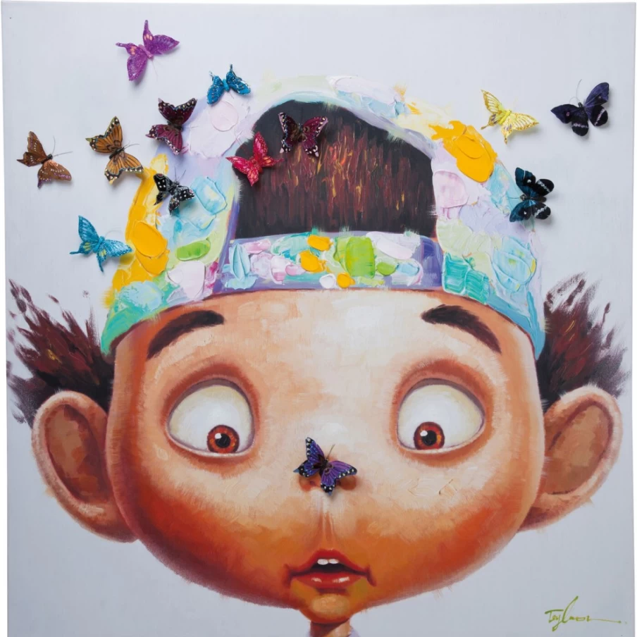 "KARE Design Modern Canvas Art - Picture Touched Boy With Butterflies Wall Decor 100x100cm"