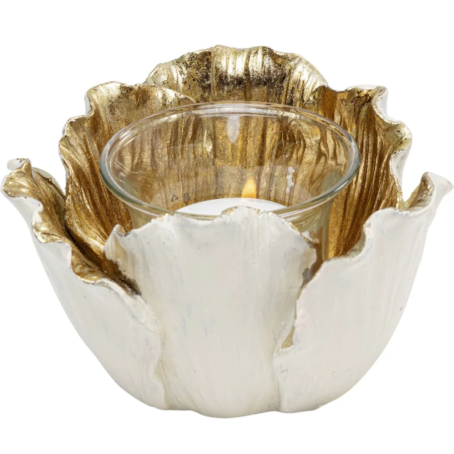 KARE Design Tealight Holder Flower Bloom in Cream & Gold - 10cm Elegant Candle Stand