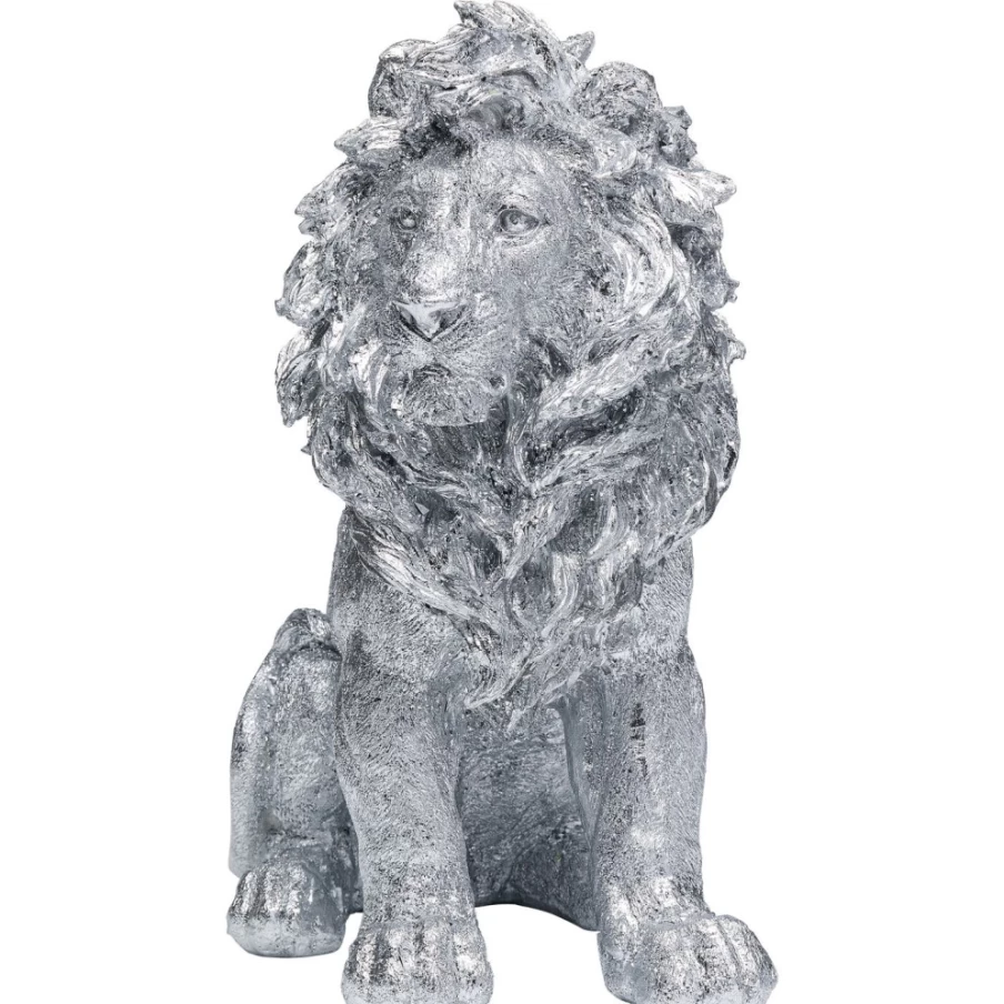 KARE Design Modern Silver Lion Figurine - 42cm Decorative Sitting Lion Statue for Home Decor