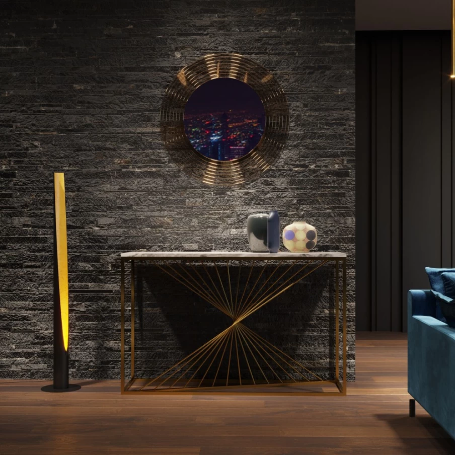 KARE Design Modern Console Table with Laser-Cut Gold Glass Top, 120cm x 40cm, Luxury Clear Glass Entryway Table