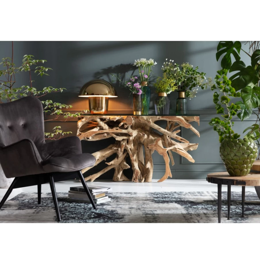 KARE Design Modern Console Table with Wooden Roots - 150cm x 40cm Entryway Hallway Sofa Table