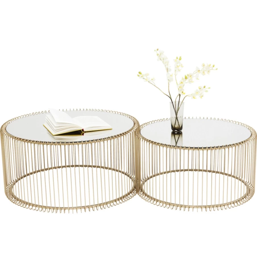 KARE Design Modern Brass Coffee Table Set of 2 - Wire Mesh Industrial Side Tables