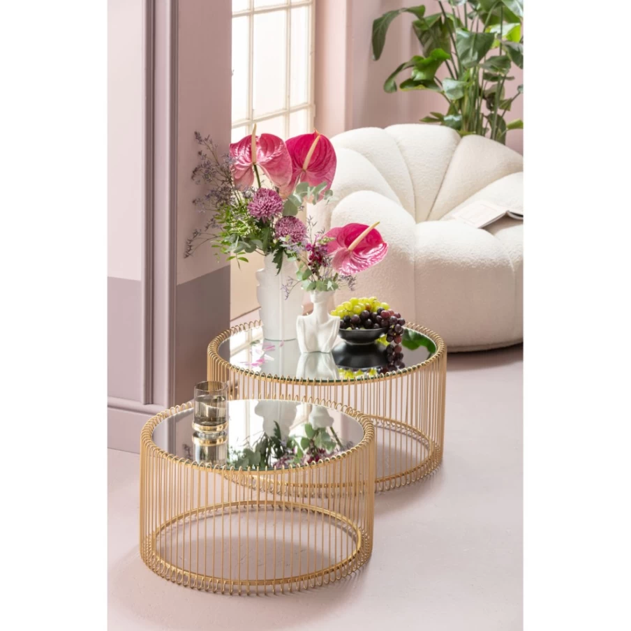 KARE Design Modern Brass Coffee Table Set of 2 - Wire Mesh Industrial Side Tables