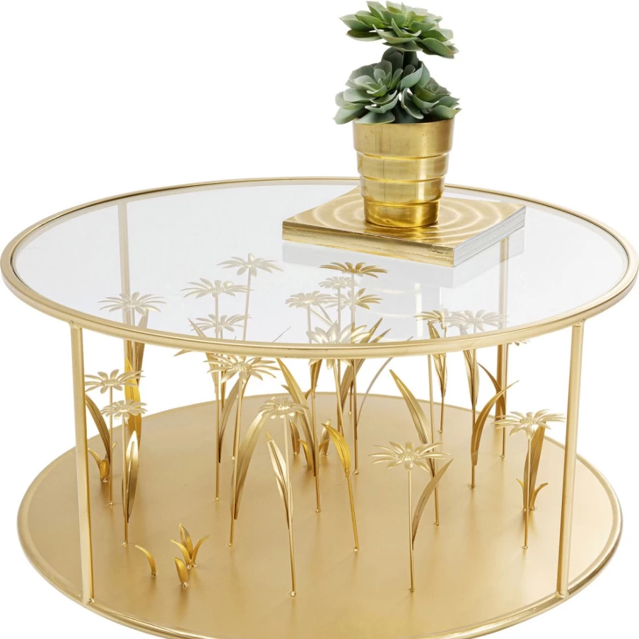 "KARE Design Gold Coffee Table with Floral Meadow Motif - Modern Oval O80 Home Decor"